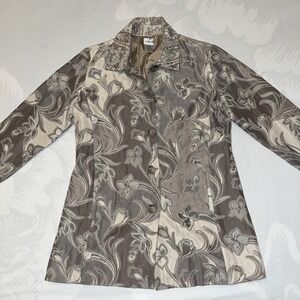 Chico's Gray Floral Brocade Jacket Womens 2 Beige Button Front Cottagecore